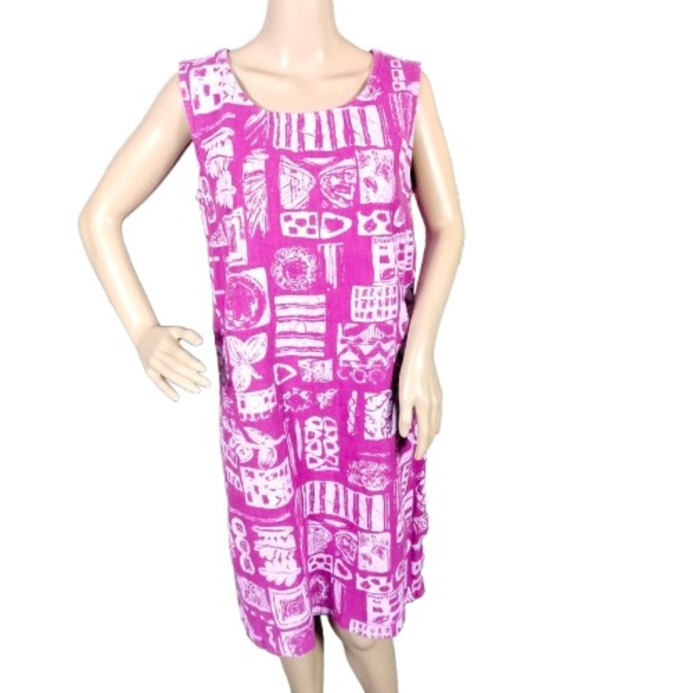 IVY Womens Linen Shift Dress Abstract Print Sleeveless Scoop‎ Neck Pink Size M